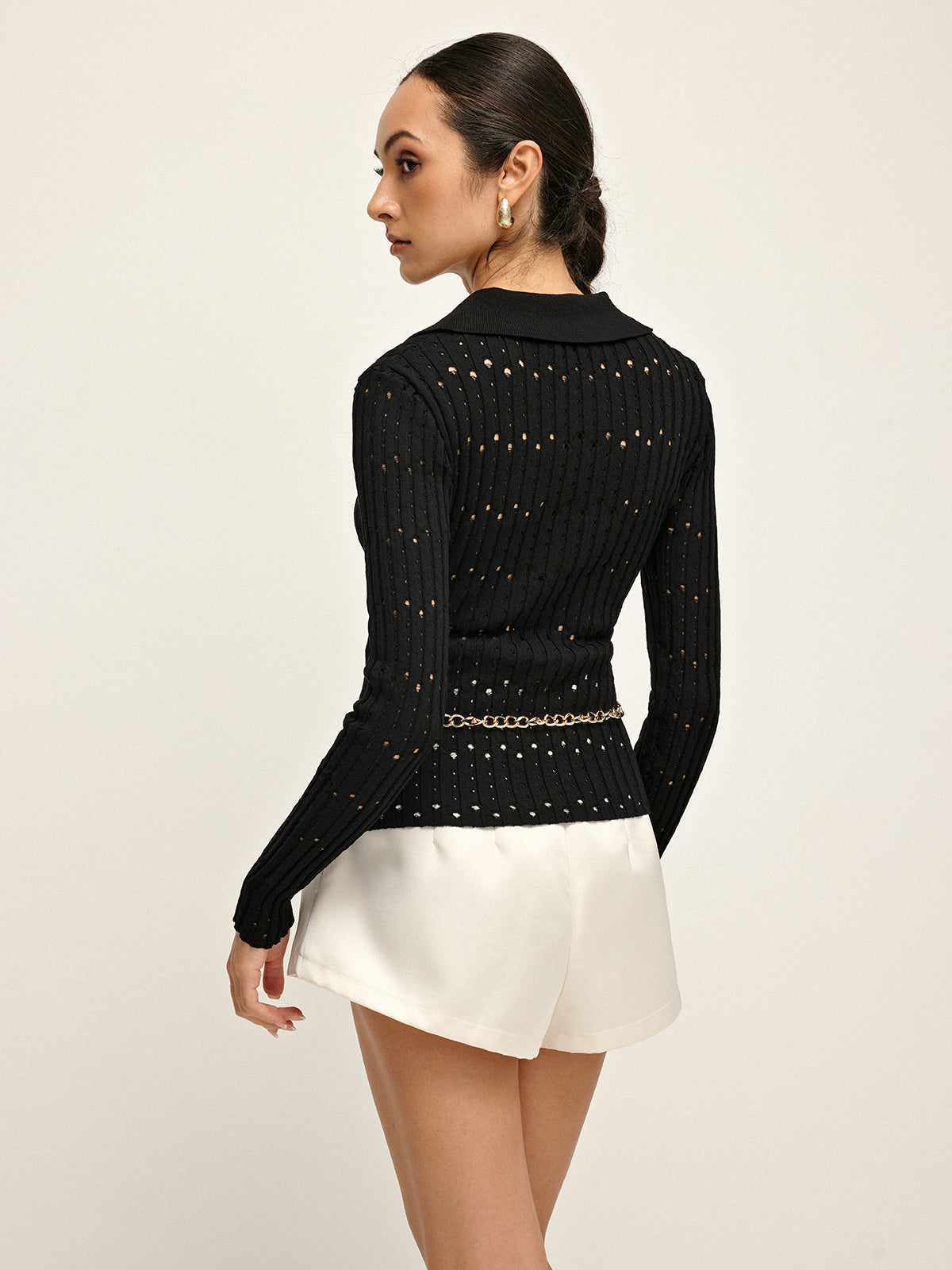 Hollow Button Polo Sweater Without Belt-Chicvia