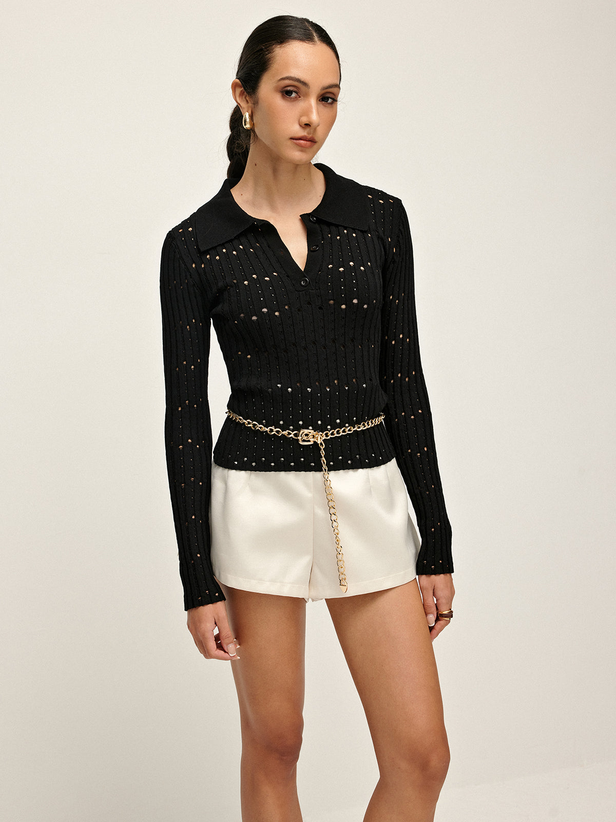 Hollow Button Polo Sweater Without Belt-Chicvia