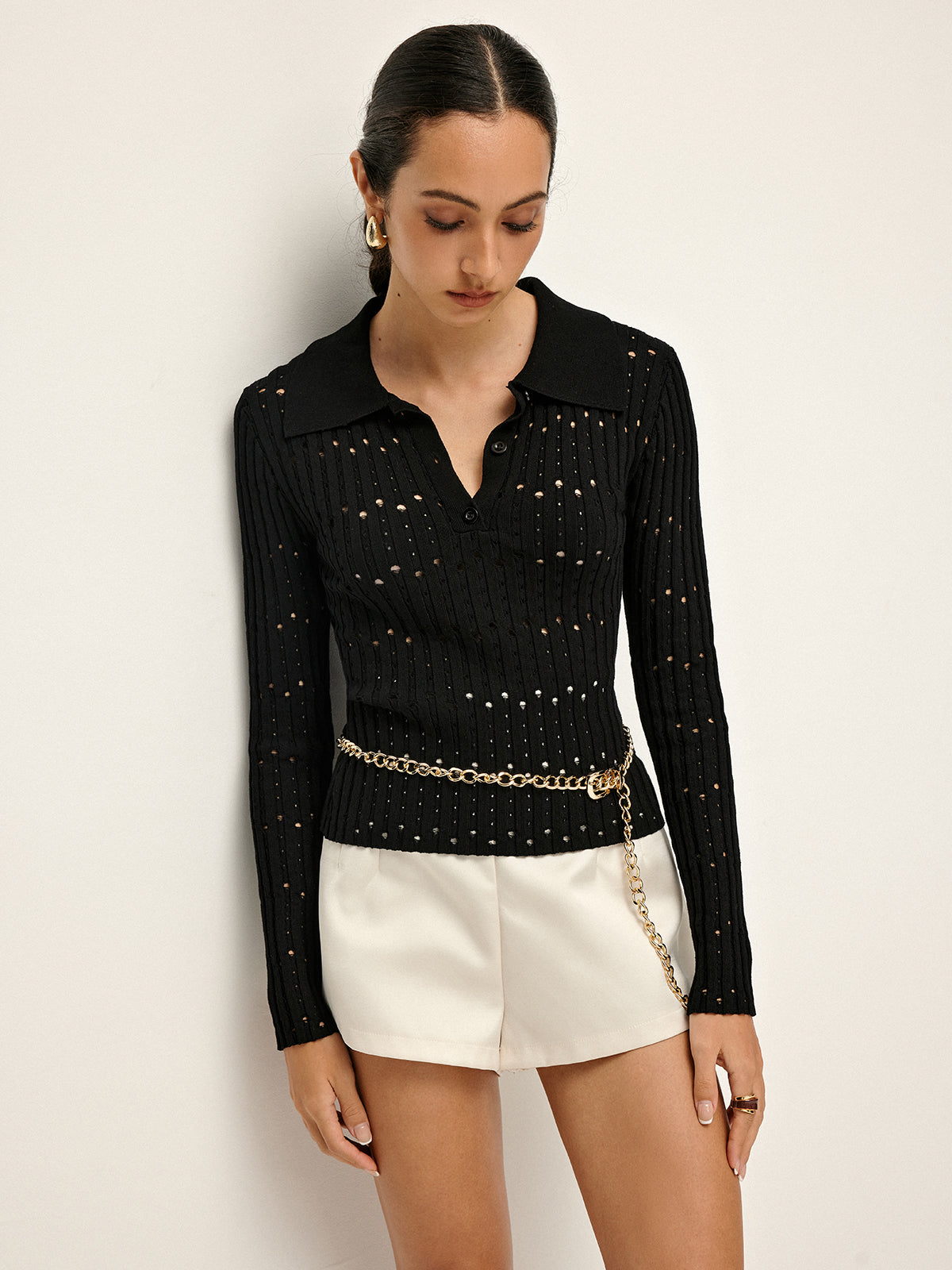 Hollow Button Polo Sweater Without Belt-Chicvia