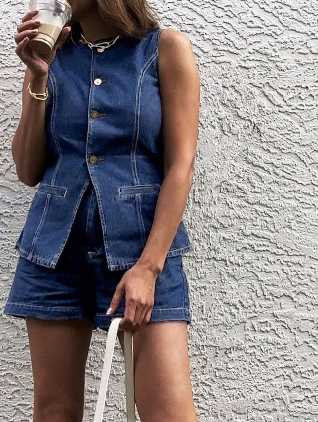 Denim Peplum Vest With Shorts Set-Chicvia