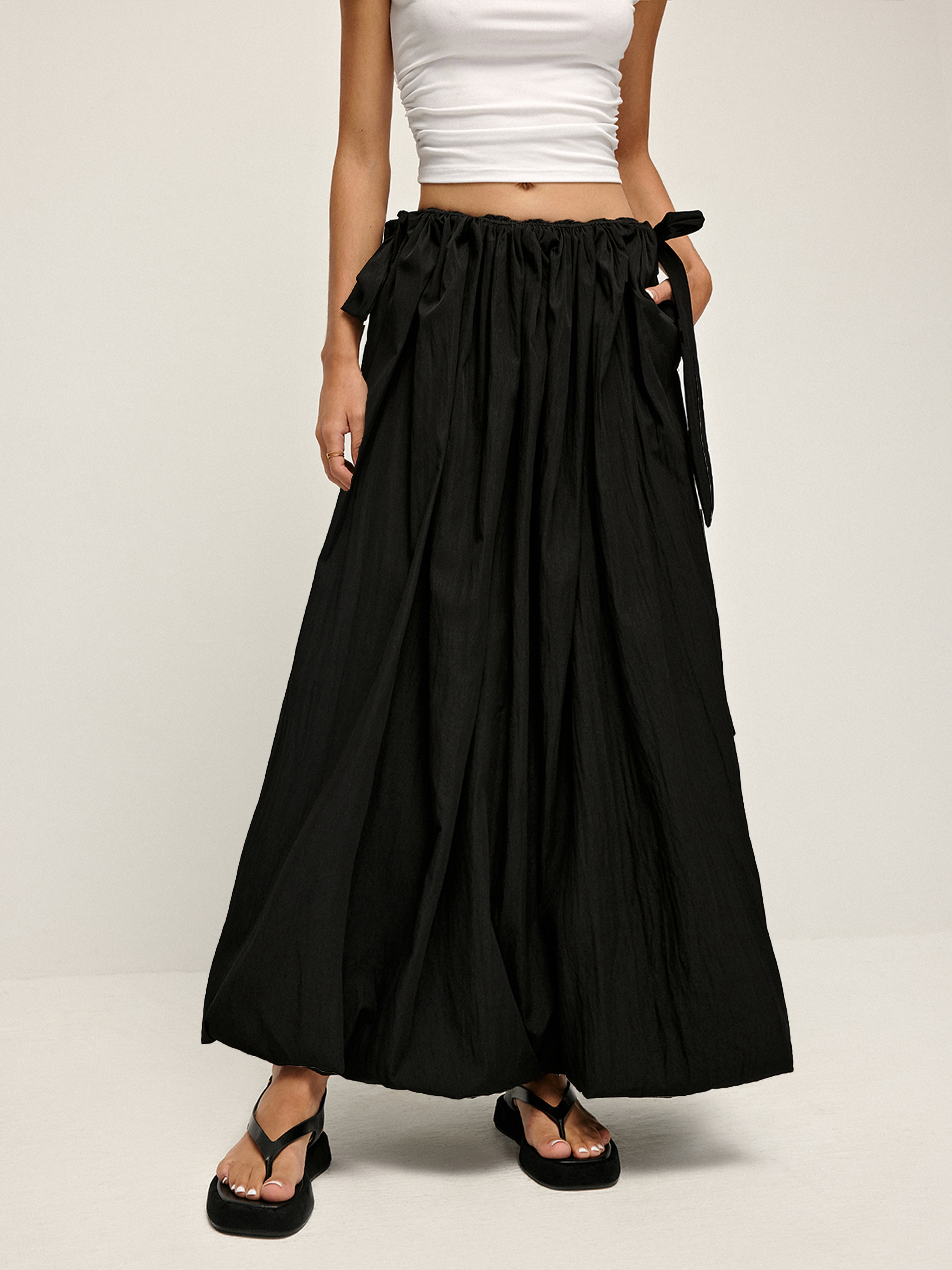 Drawstring Pleated Umbrella-Shaped Skirt-Chicvia