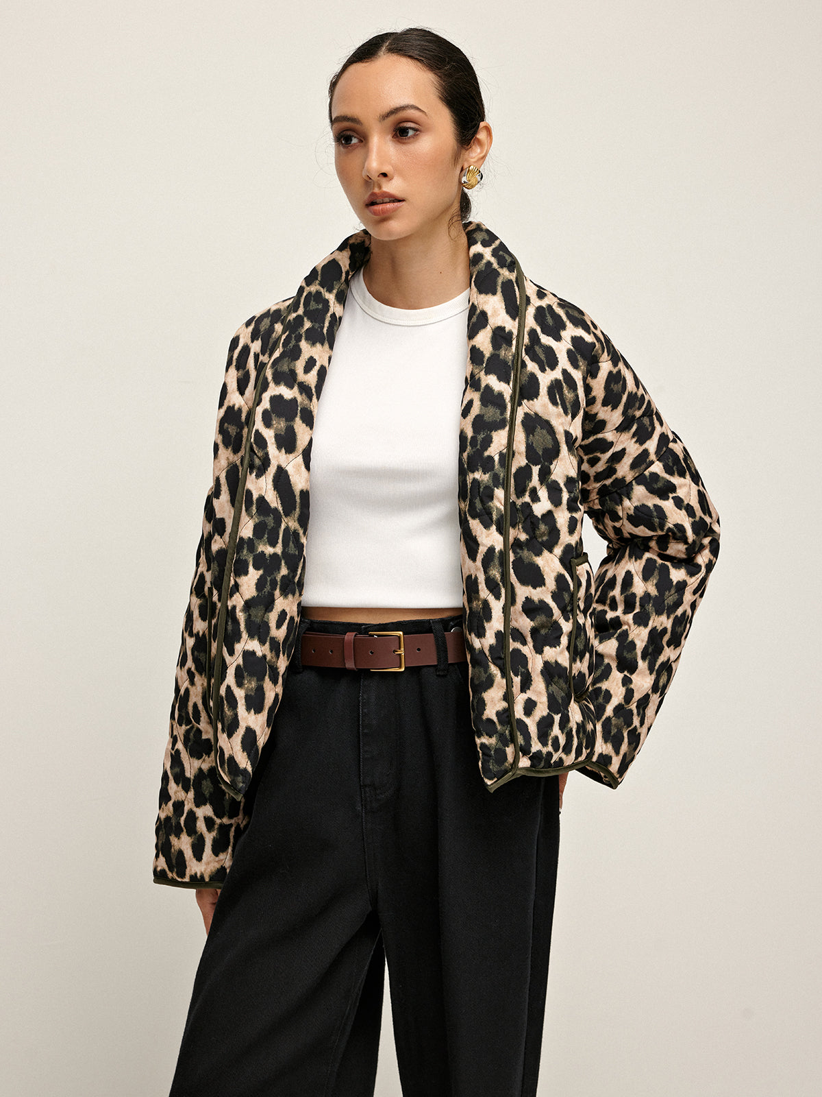Leopard Printed Lapel Winter Coat-Chicvia