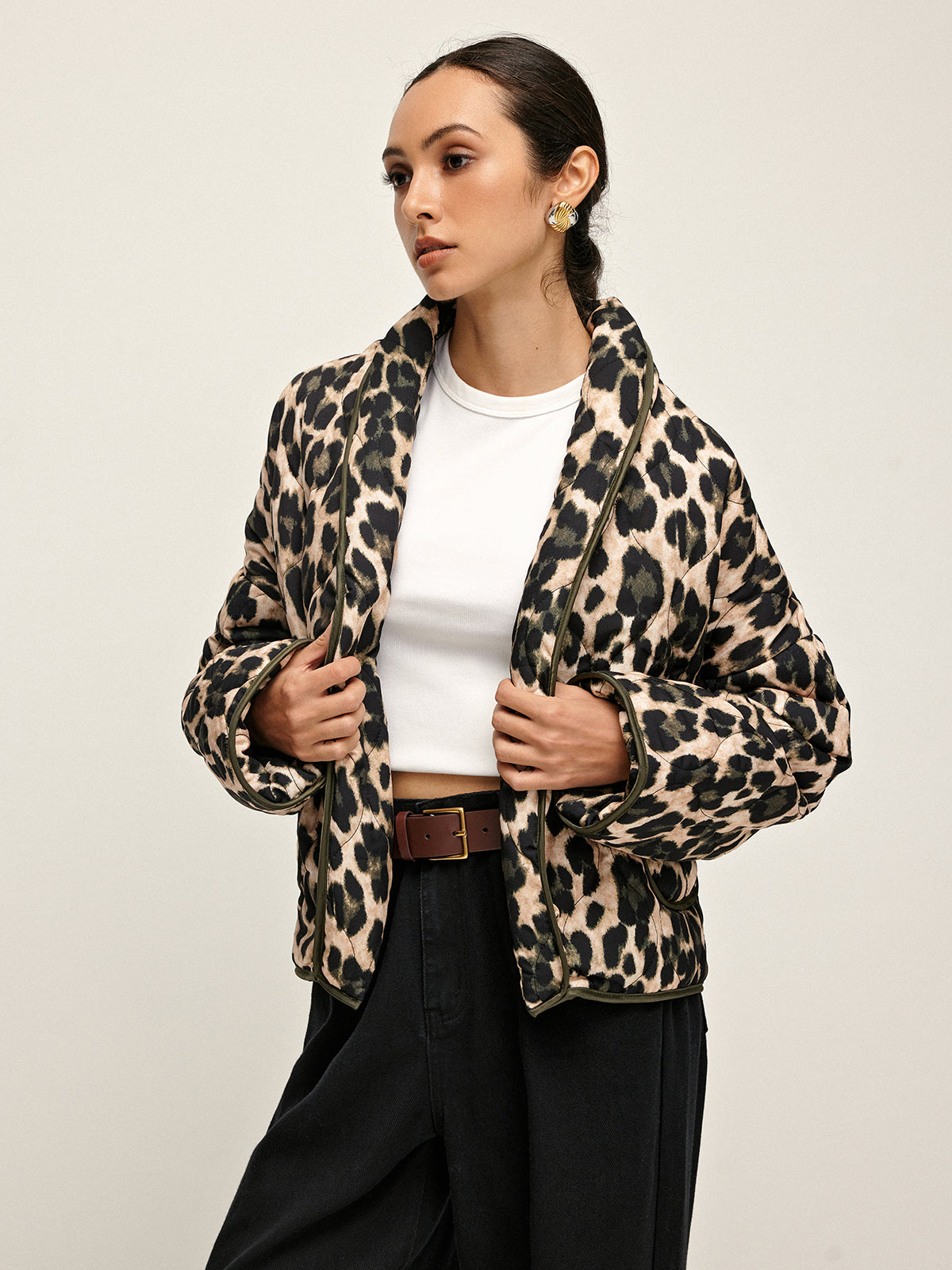 Leopard Printed Lapel Winter Coat-Chicvia