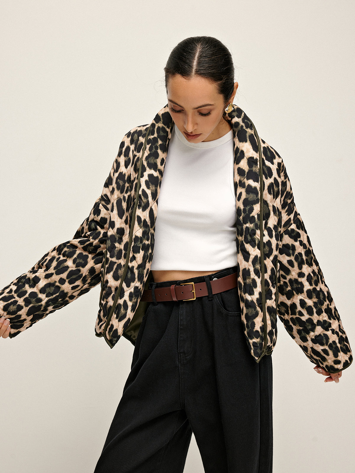 Leopard Printed Lapel Winter Coat-Chicvia
