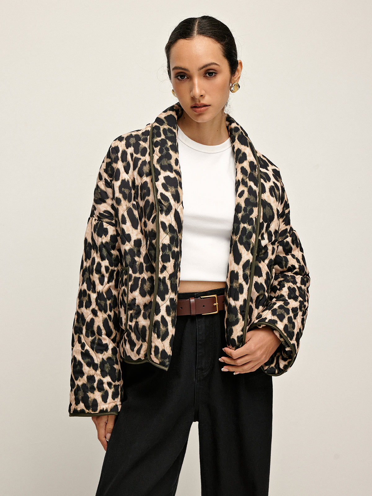 Leopard Printed Lapel Winter Coat-Chicvia