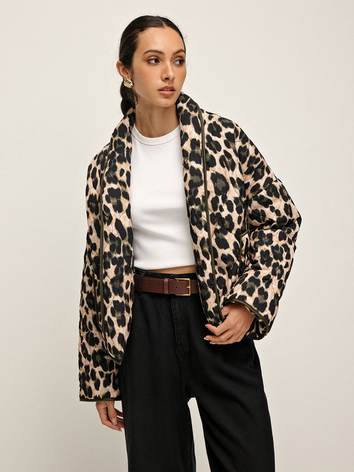 Leopard Printed Lapel Winter Coat-Chicvia