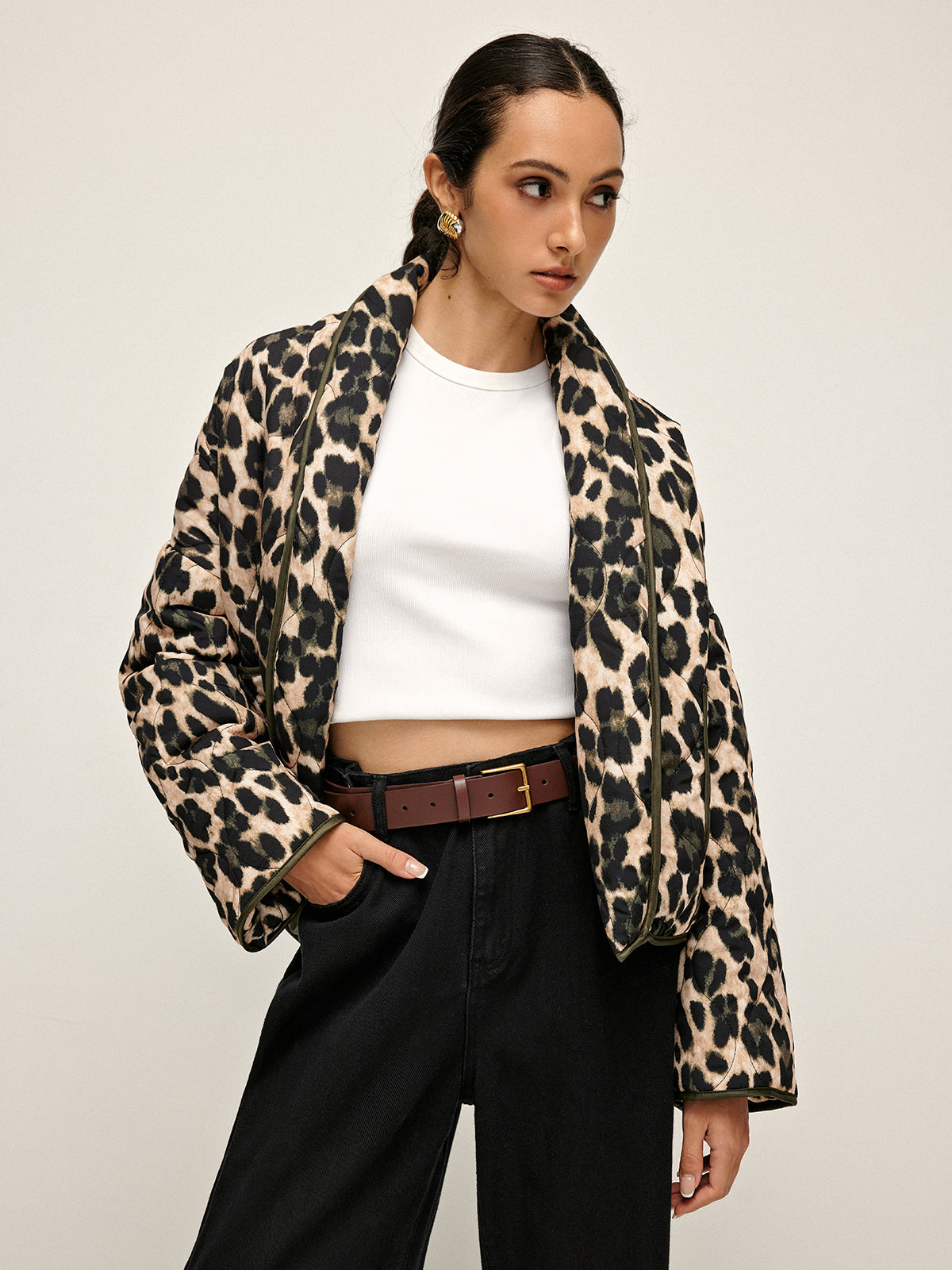 Leopard Printed Lapel Winter Coat-Chicvia