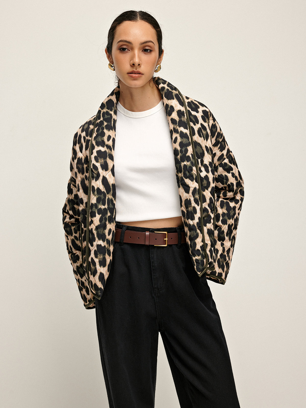 Leopard Printed Lapel Winter Coat-Chicvia