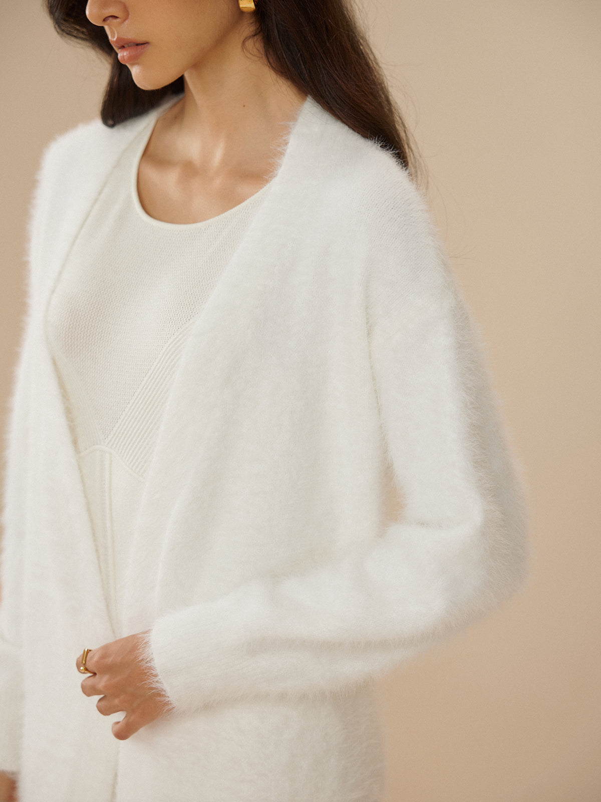 Elegant Fuzzy Plain Belted Cardigan-Chicvia