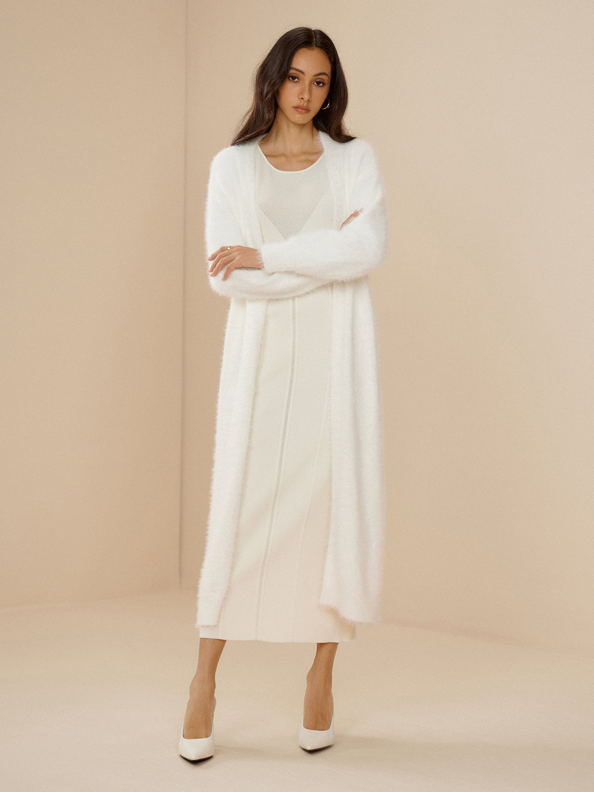 Elegant Fuzzy Plain Belted Cardigan-Chicvia
