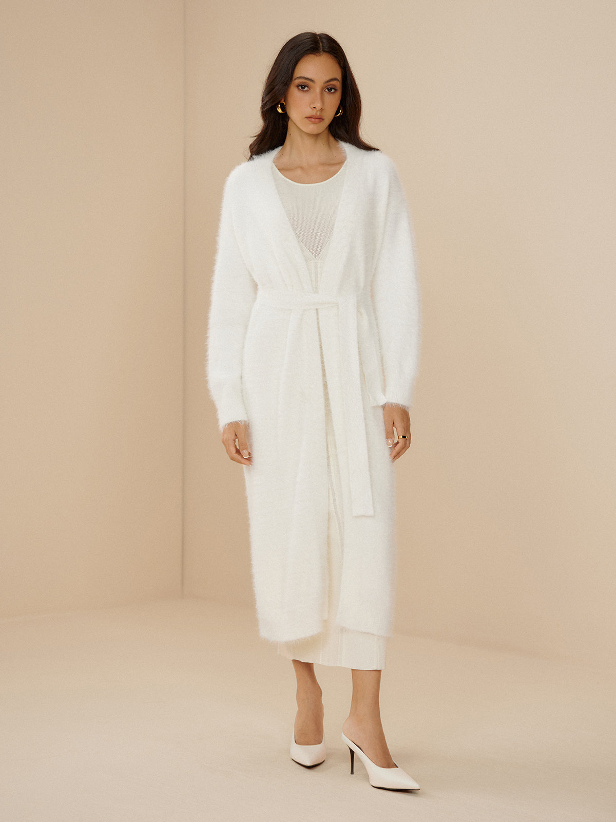 Elegant Fuzzy Plain Belted Cardigan-Chicvia