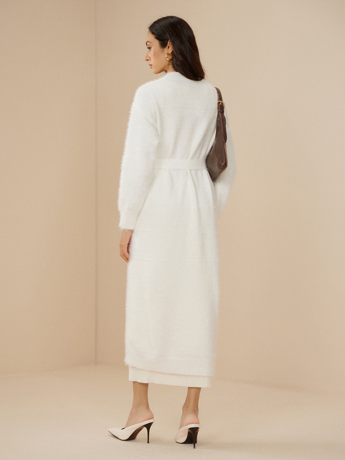 Elegant Fuzzy Plain Belted Cardigan-Chicvia