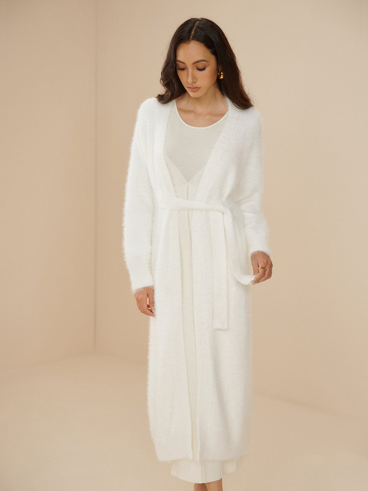 Elegant Fuzzy Plain Belted Cardigan-Chicvia