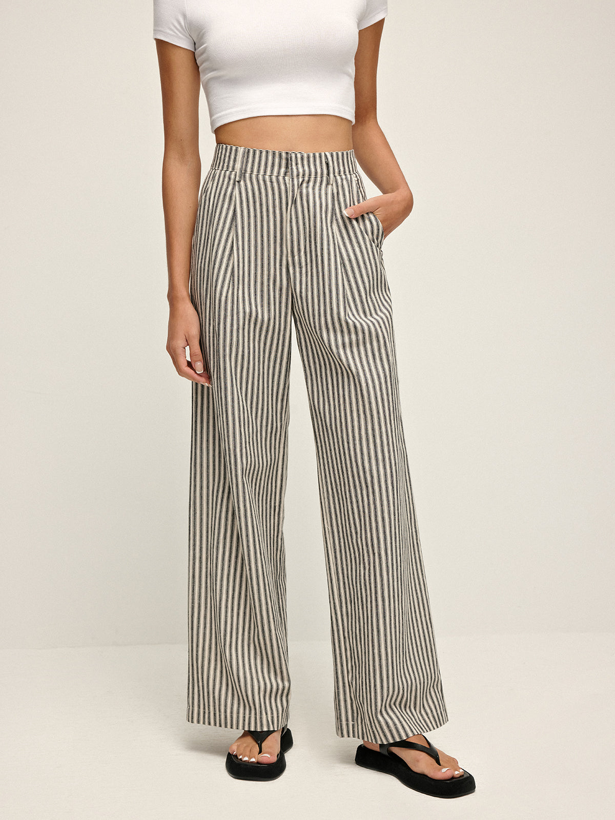 Pinstripe High-Waist Long Pants-Chicvia