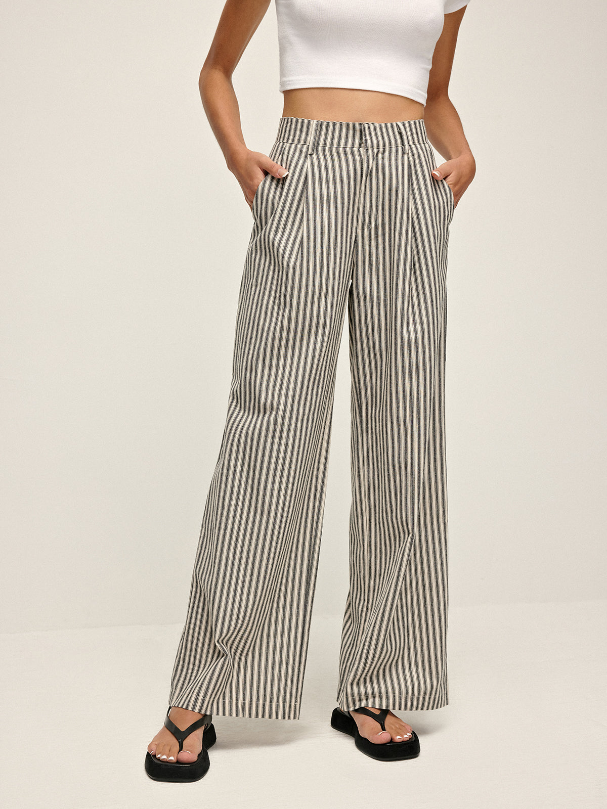Pinstripe High-Waist Long Pants-Chicvia