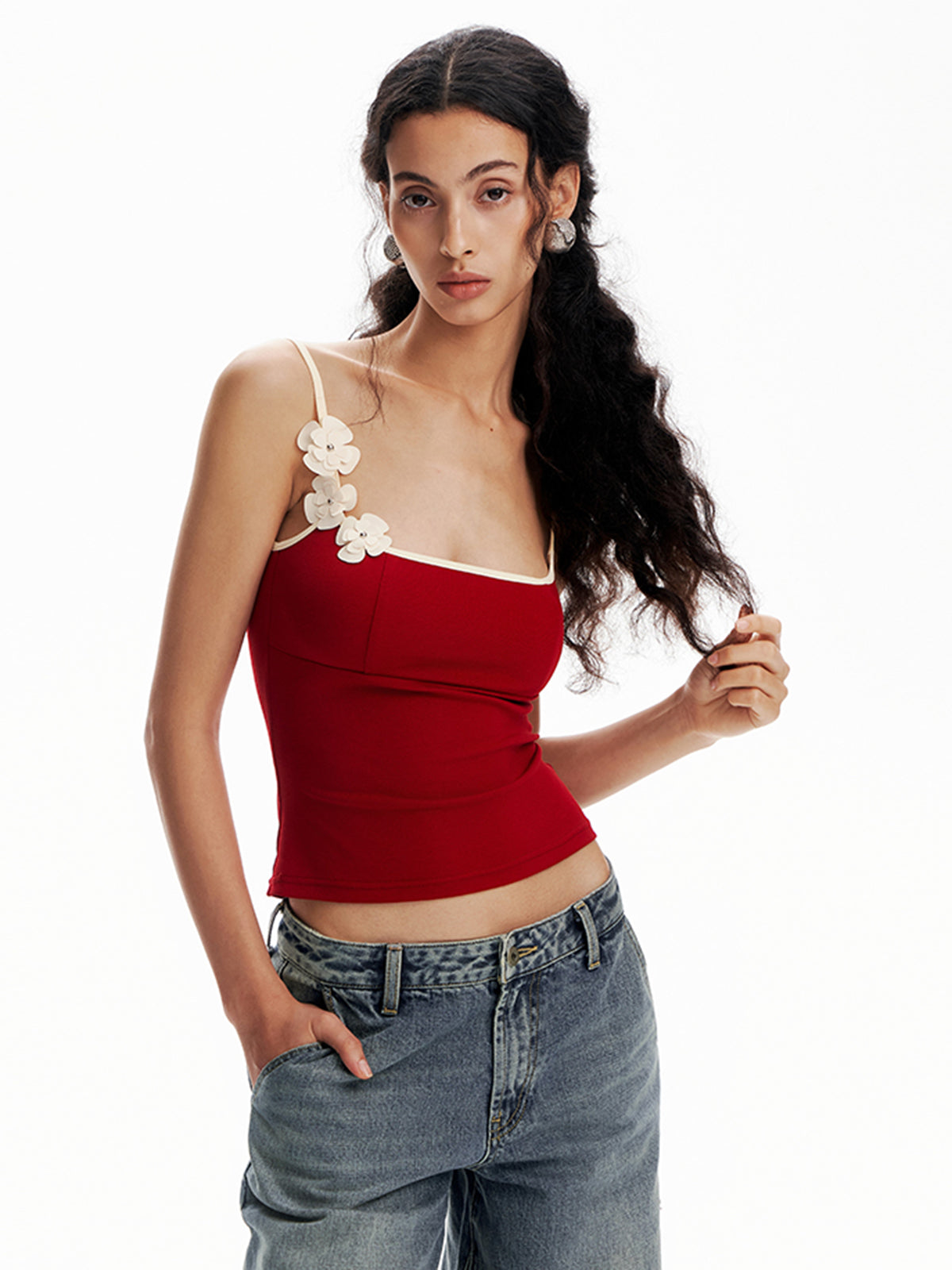 Floral Contrast Trim Bodycon Cami Top-Chicvia