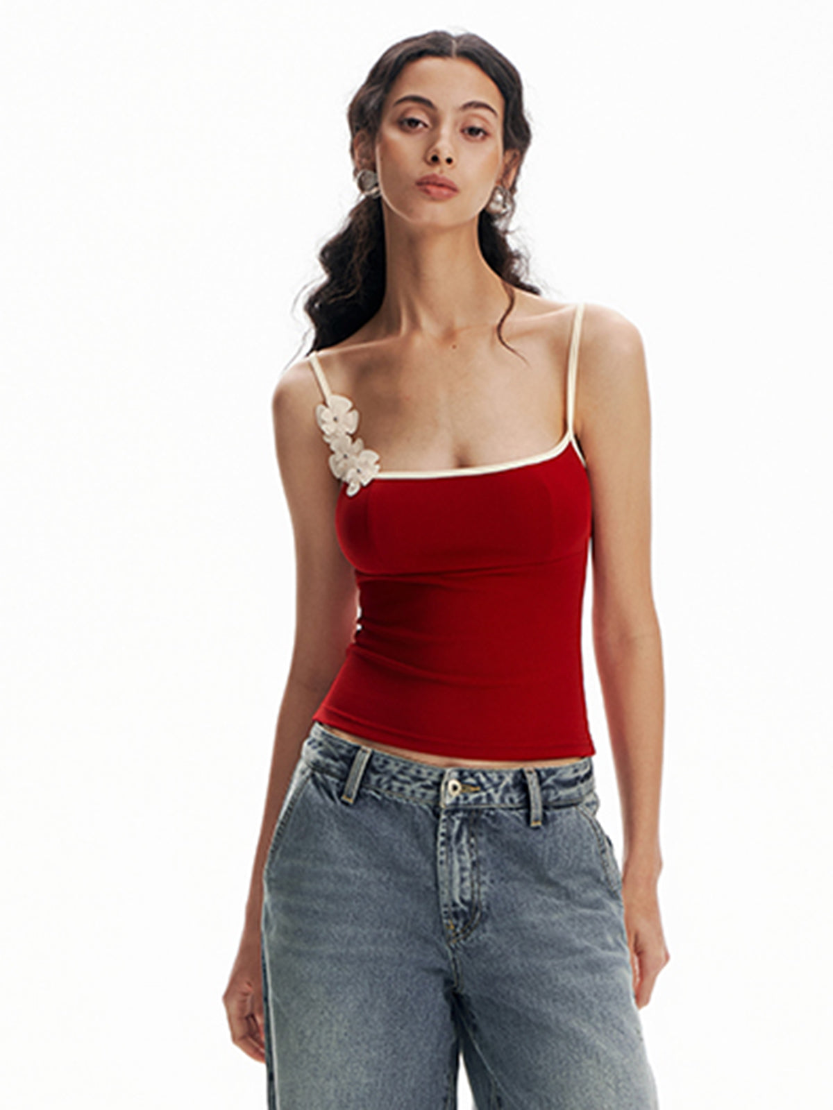 Floral Contrast Trim Bodycon Cami Top-Chicvia