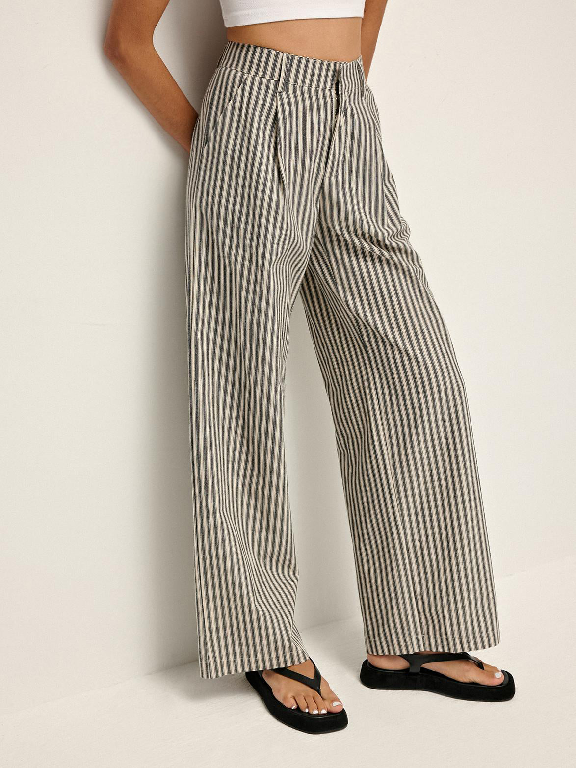 Pinstripe High-Waist Long Pants-Chicvia