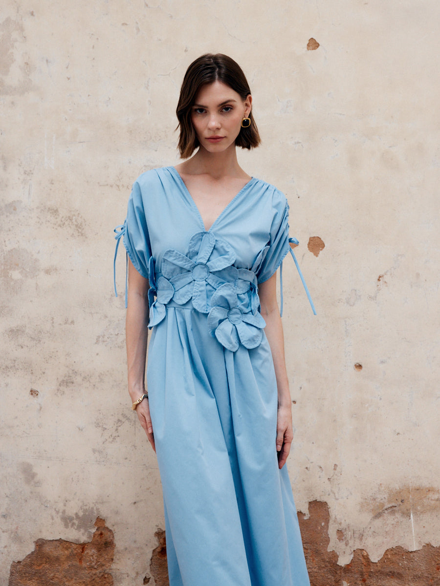 Flower Drawstring V-Neck Long Dress-Chicvia