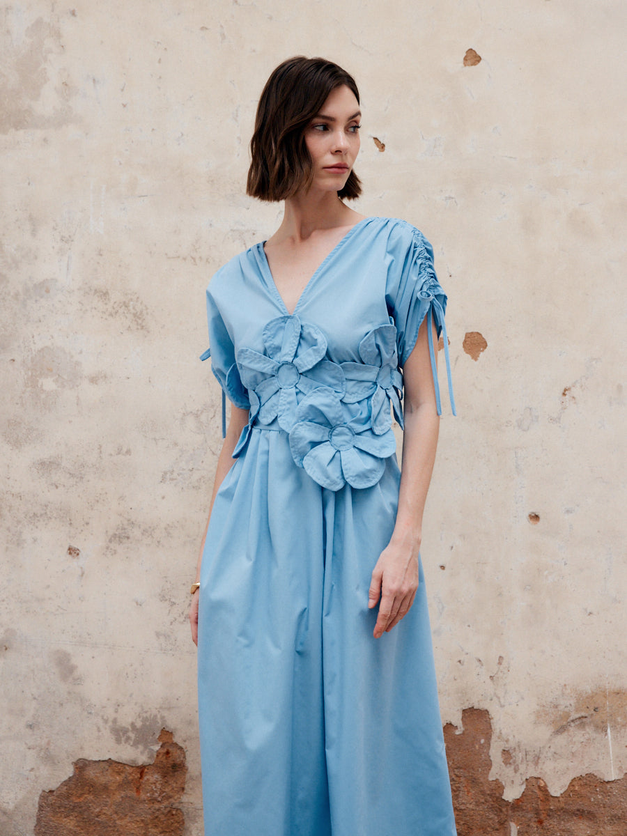 Flower Drawstring V-Neck Long Dress-Chicvia