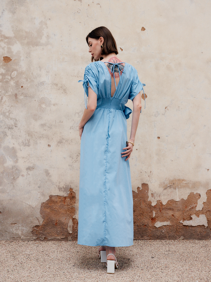 Flower Drawstring V-Neck Long Dress-Chicvia