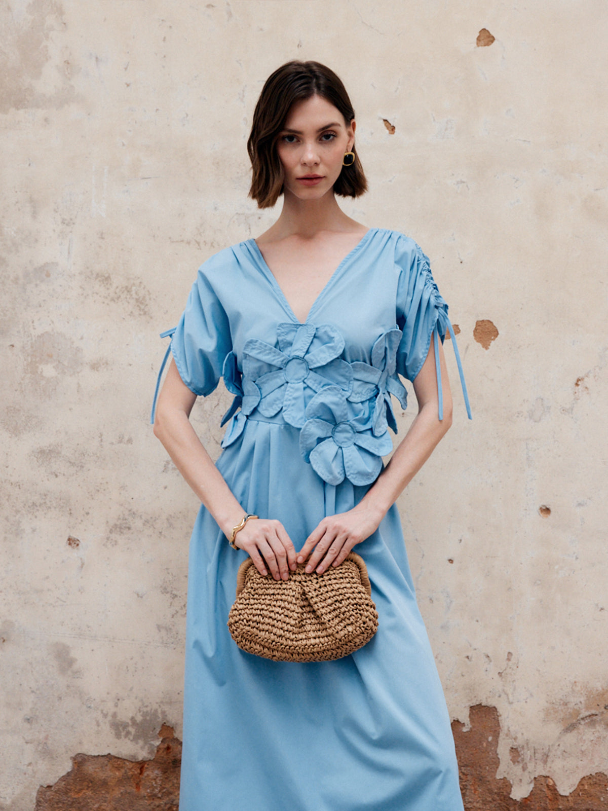 Flower Drawstring V-Neck Long Dress-Chicvia