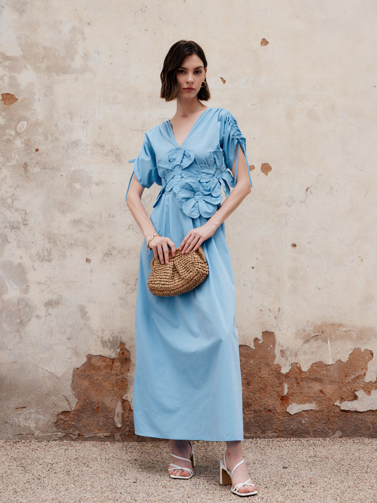 Flower Drawstring V-Neck Long Dress-Chicvia