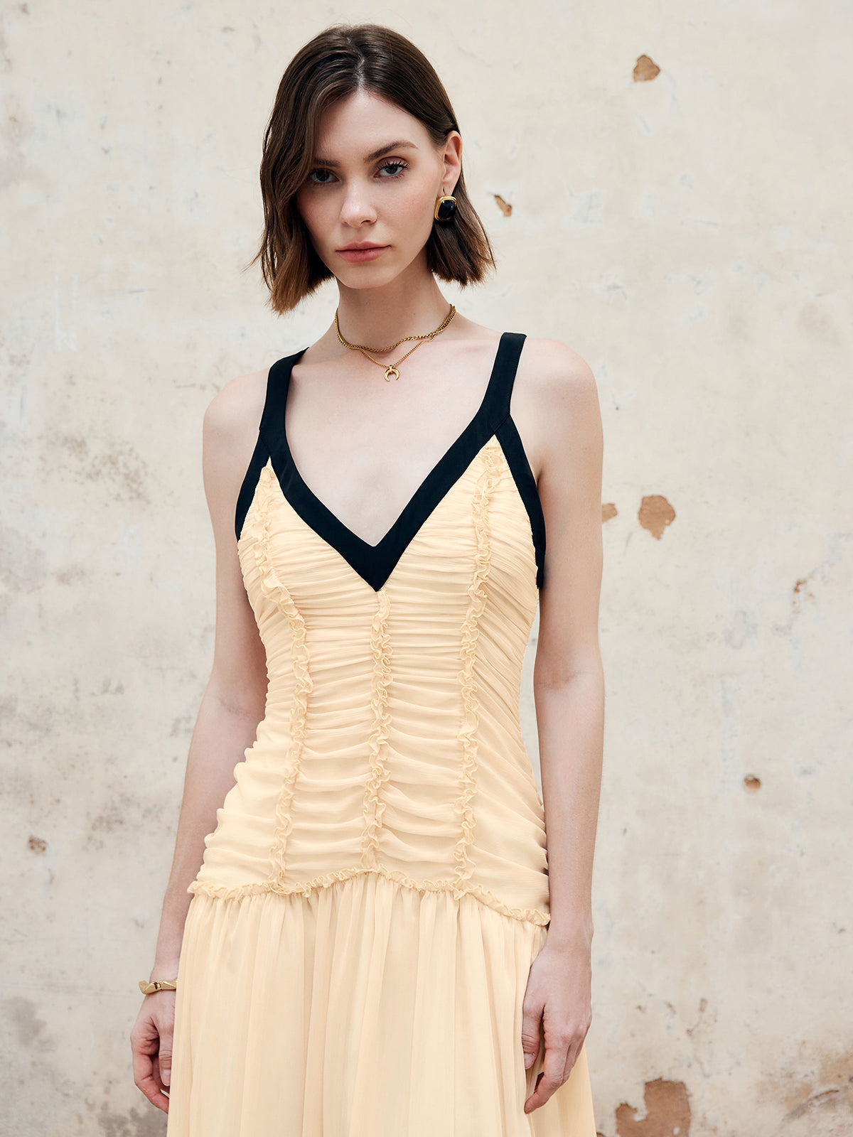 Contrast Binding Pleated Long Dress-Chicvia