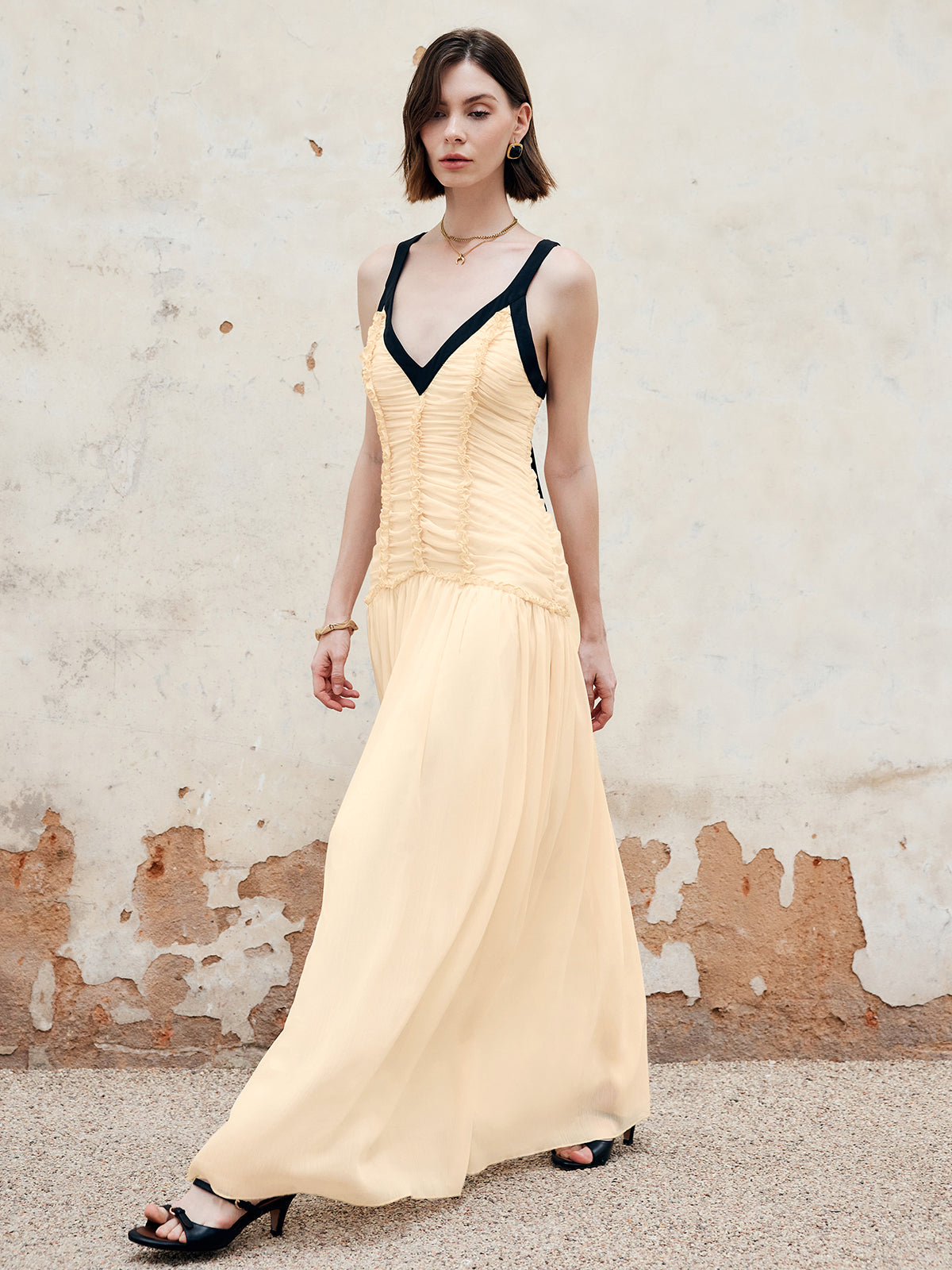 Contrast Binding Pleated Long Dress-Chicvia