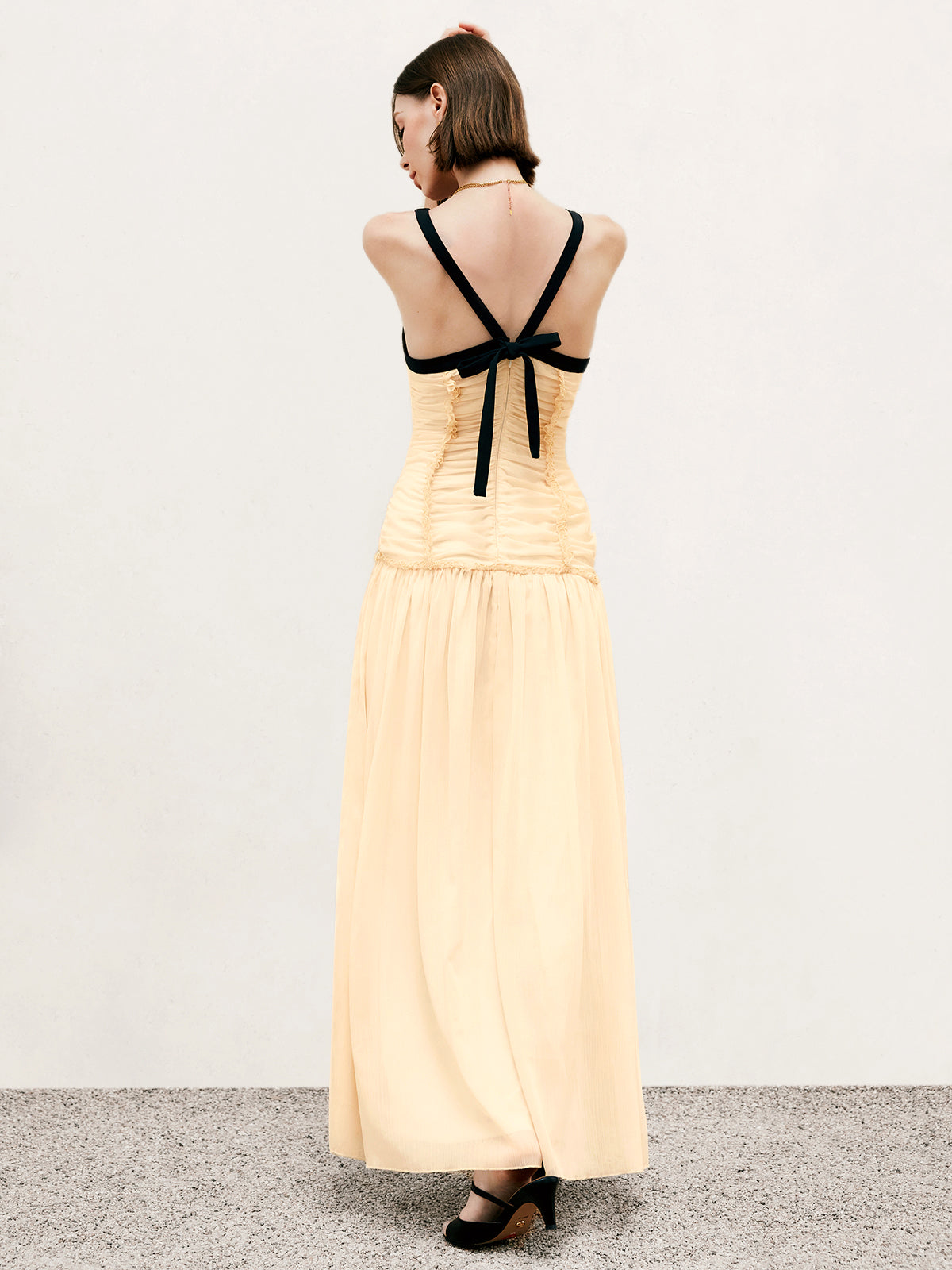 Contrast Binding Pleated Long Dress-Chicvia