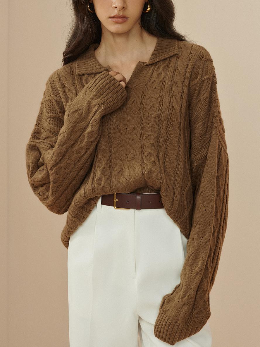 Oversized Lapel Cable Pullover Sweater-Chicvia