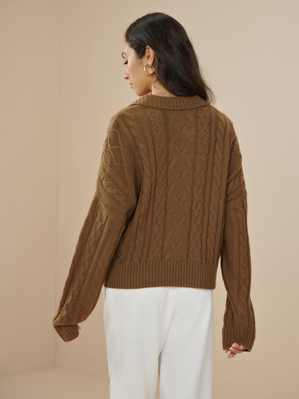 Oversized Lapel Cable Pullover Sweater-Chicvia