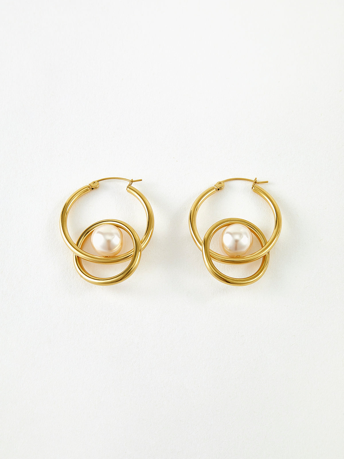 Double Hoop Pearl Drop Earrings-Chicvia