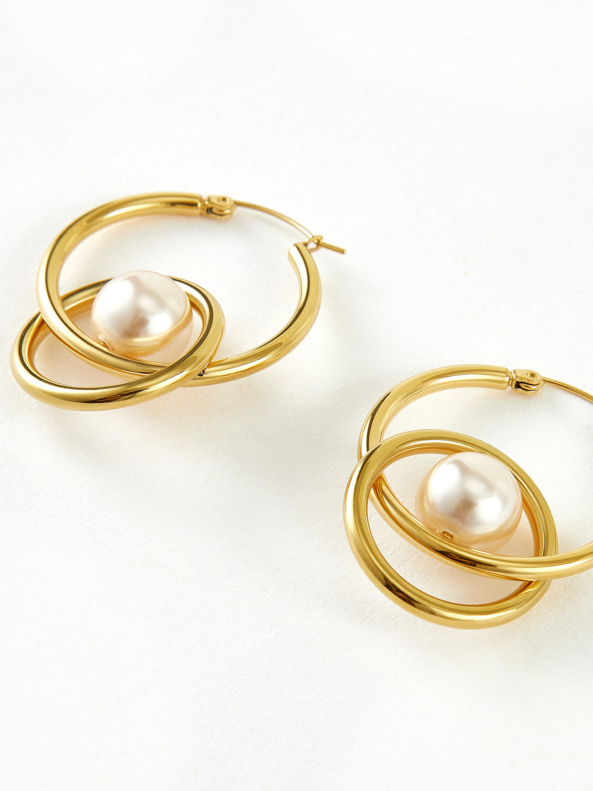 Double Hoop Pearl Drop Earrings-Chicvia