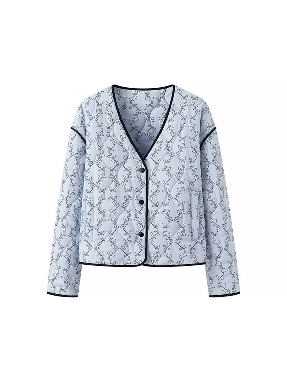 Contrast Trim Printed Button Winter Coat-Chicvia