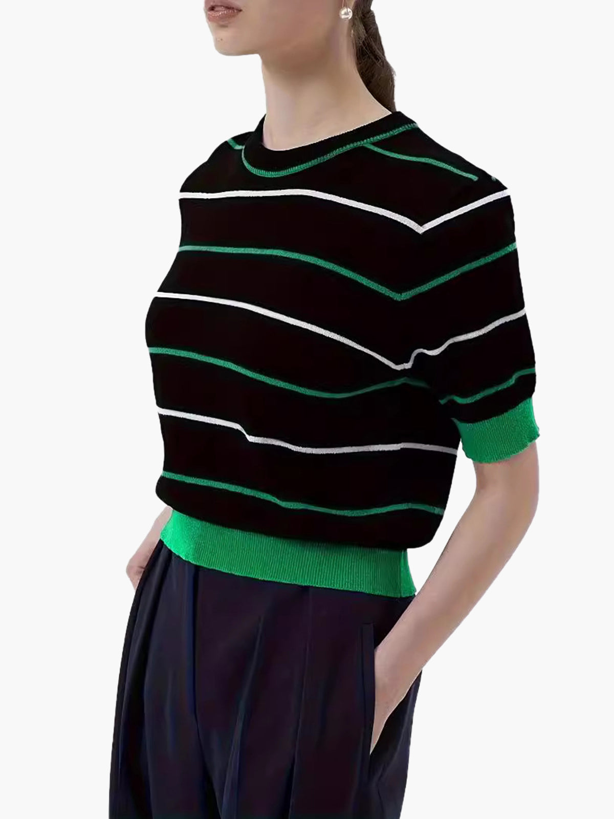 Crew Neck Striped Knit Top-Chicvia