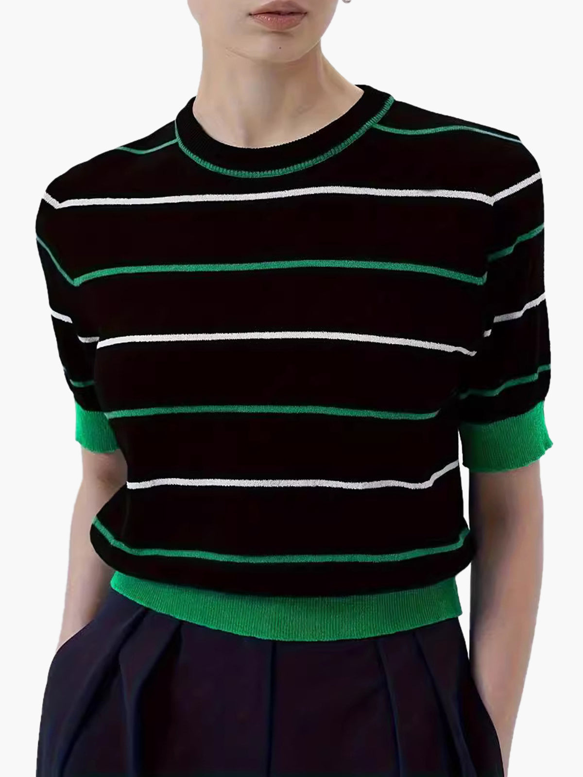 Crew Neck Striped Knit Top-Chicvia