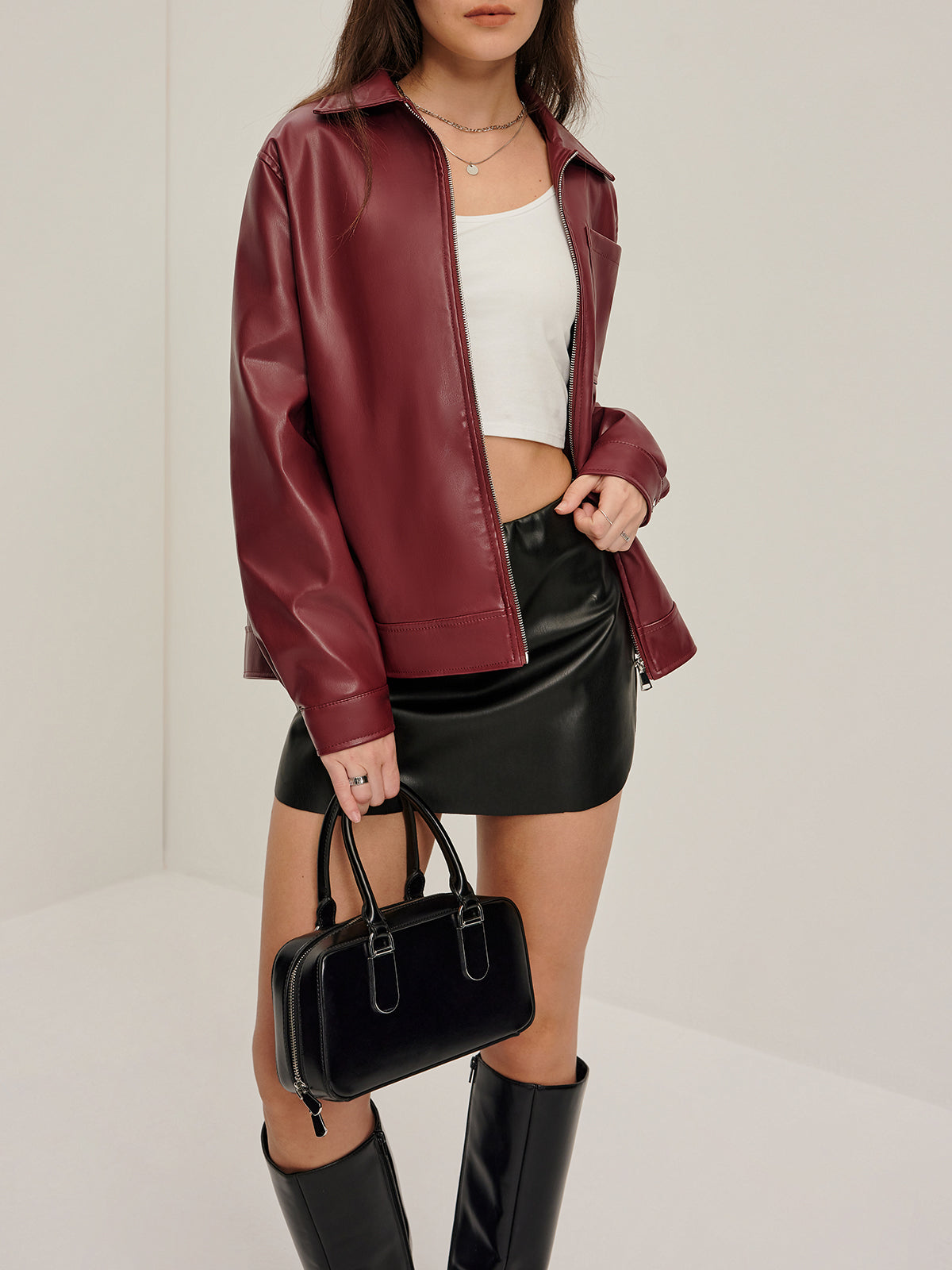 Lapel Zipper Faux Leather Jacket-Chicvia
