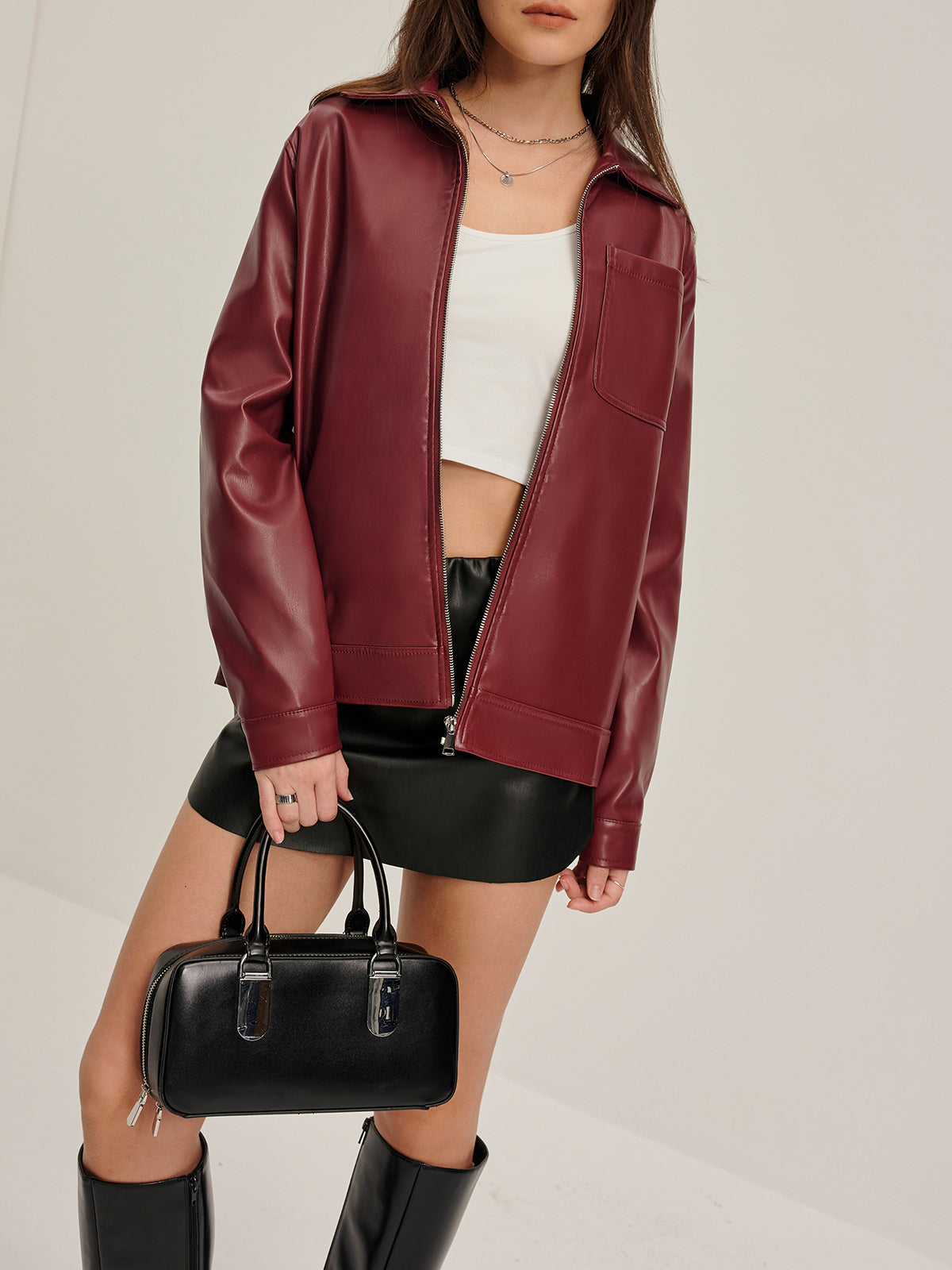 Lapel Zipper Faux Leather Jacket-Chicvia