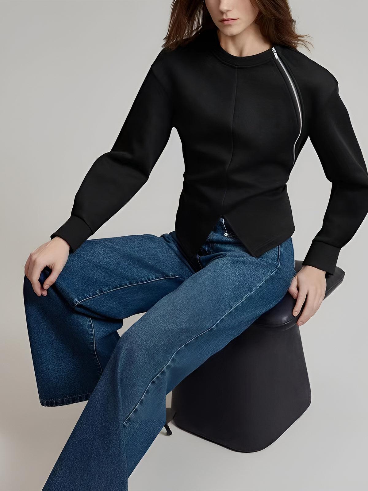 Plain Zipper Split Blouse-Chicvia