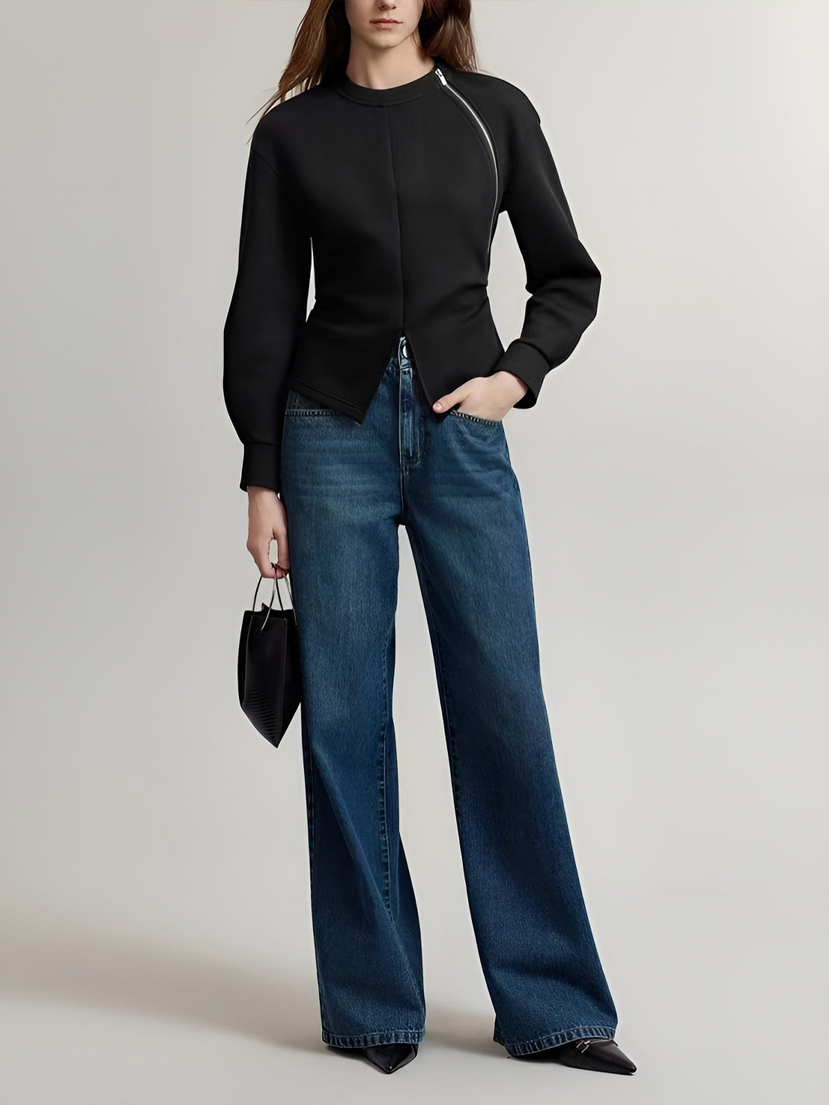 Plain Zipper Split Blouse-Chicvia