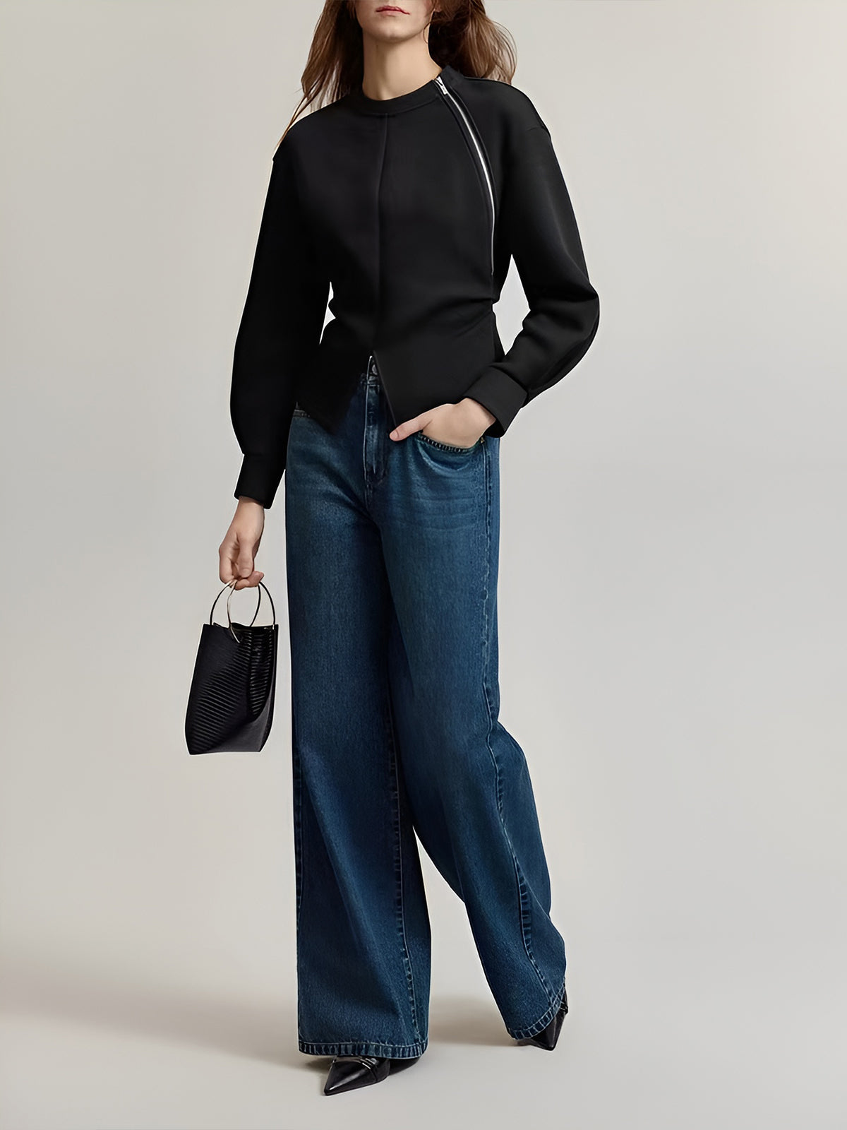 Plain Zipper Split Blouse-Chicvia