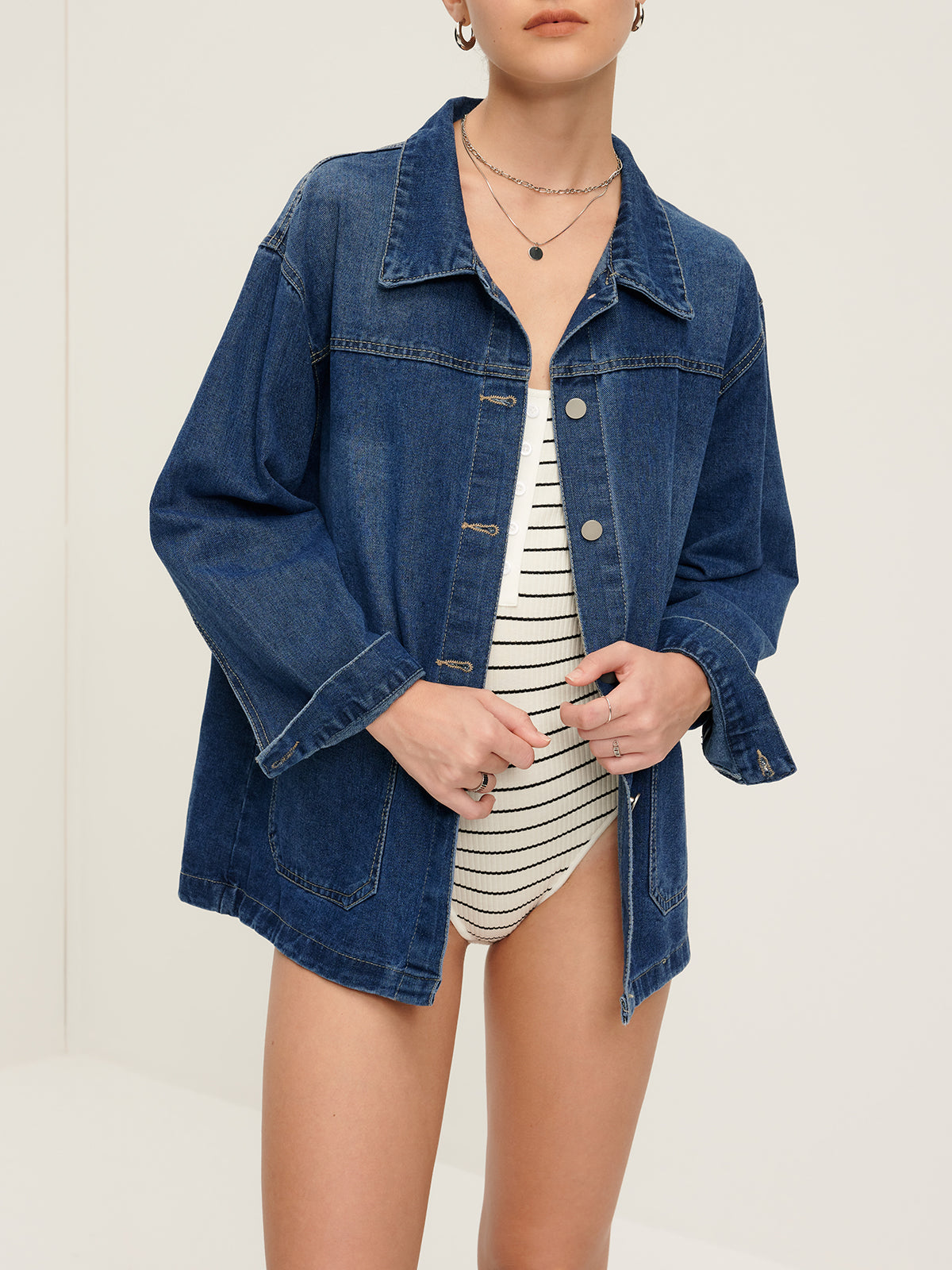 Casual Breasted Lapel Denim Jacket-Chicvia