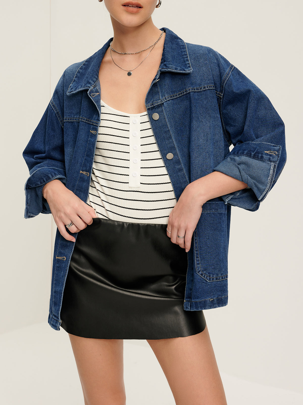 Casual Breasted Lapel Denim Jacket-Chicvia