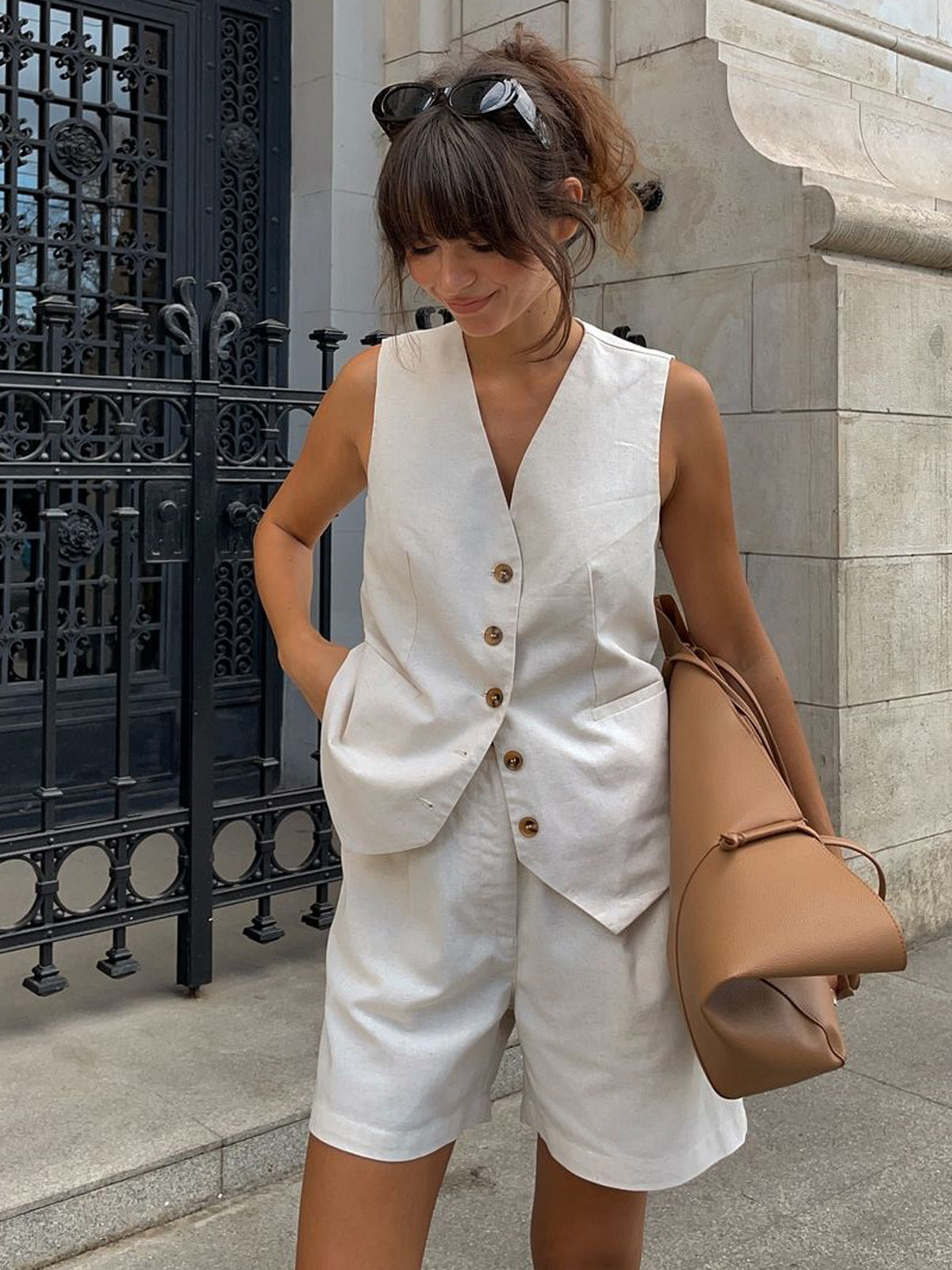 Cotton & Linen Pockets Shorts Set-Chicvia