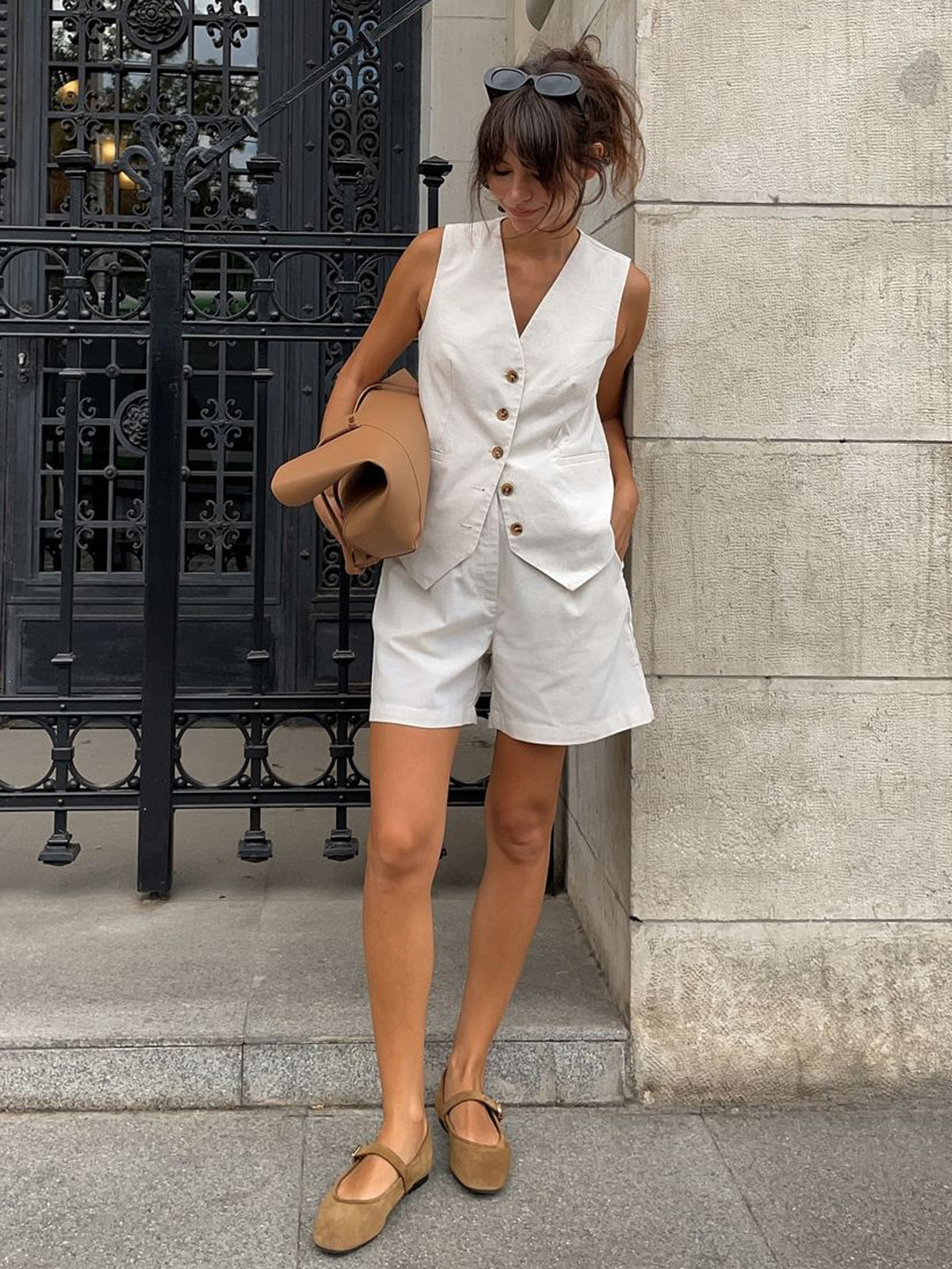 Cotton & Linen Pockets Shorts Set-Chicvia