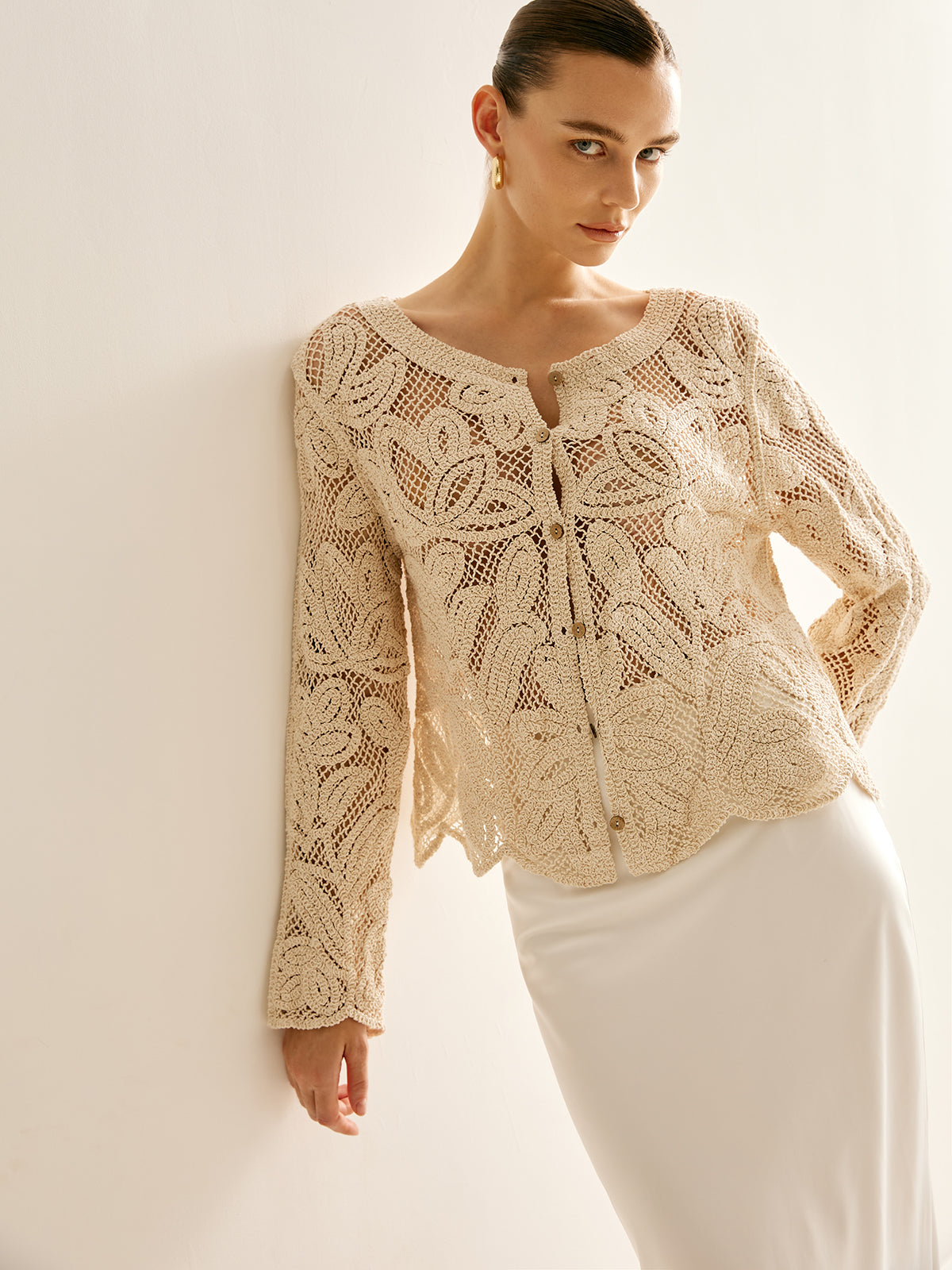 Hollow Button Plisse Cardigan-Chicvia