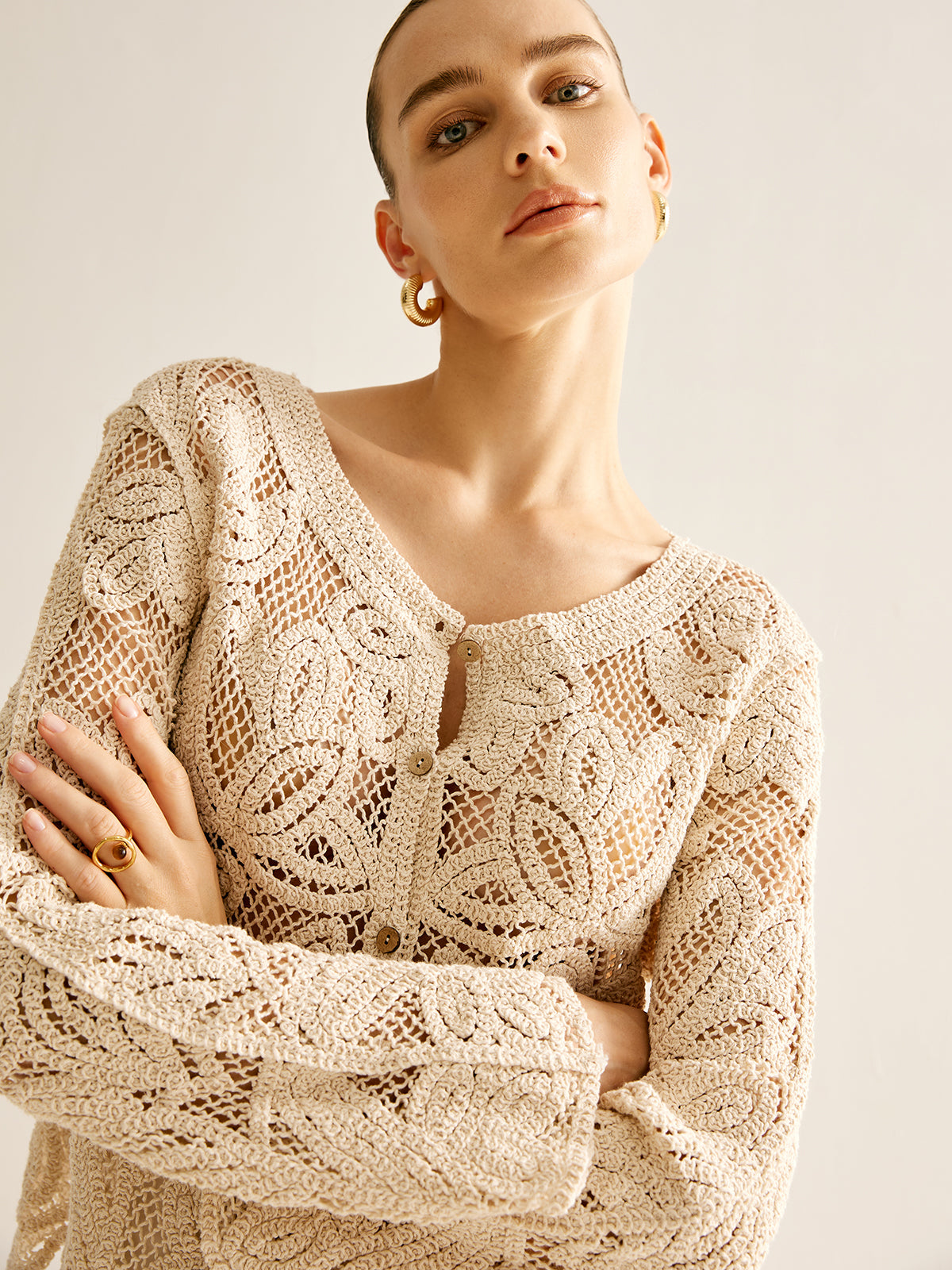 Hollow Button Plisse Cardigan-Chicvia