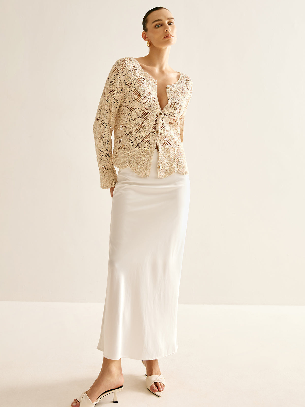 Hollow Button Plisse Cardigan-Chicvia