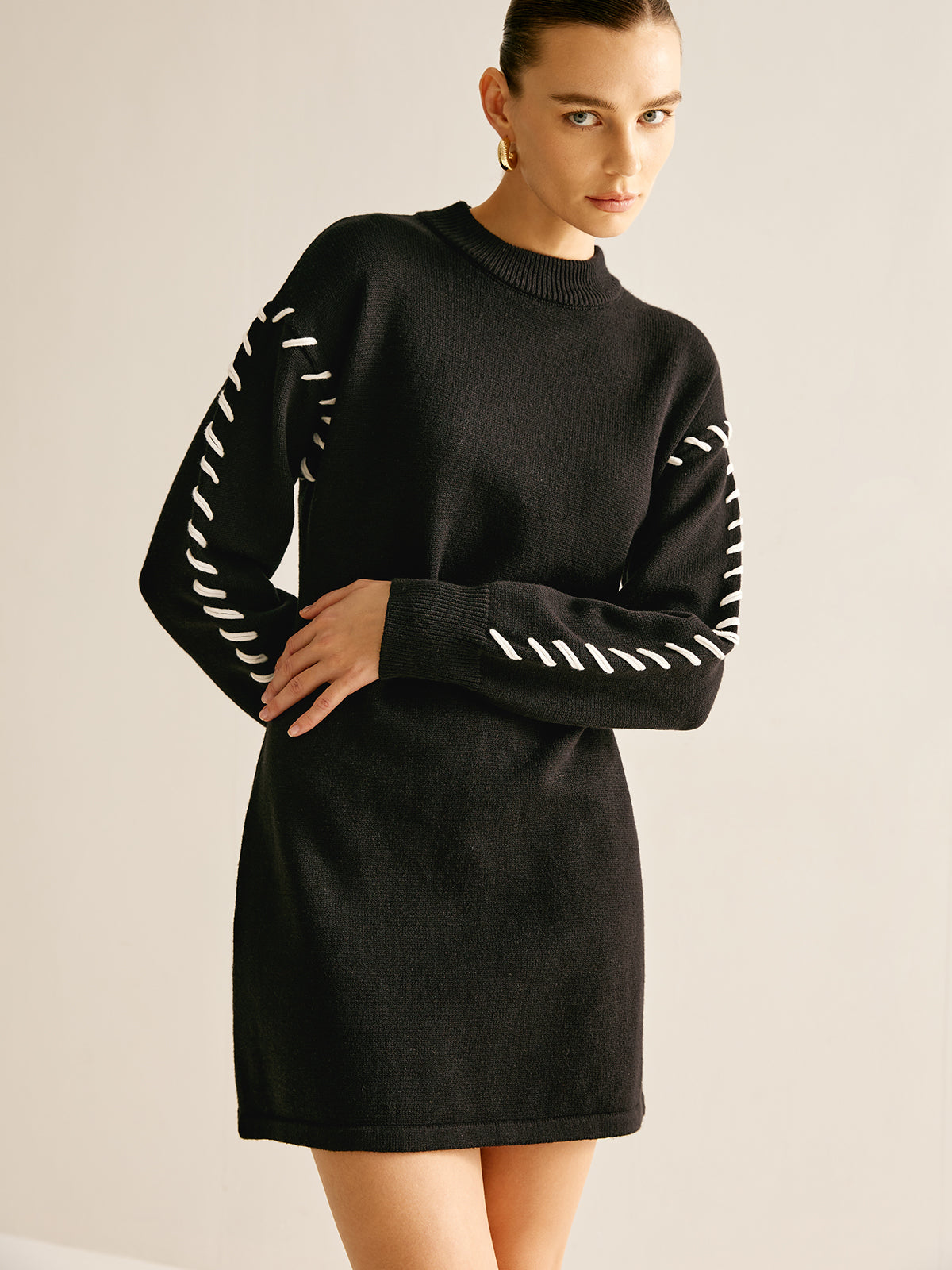 Contrast Trim Sweater Short Dress-Chicvia